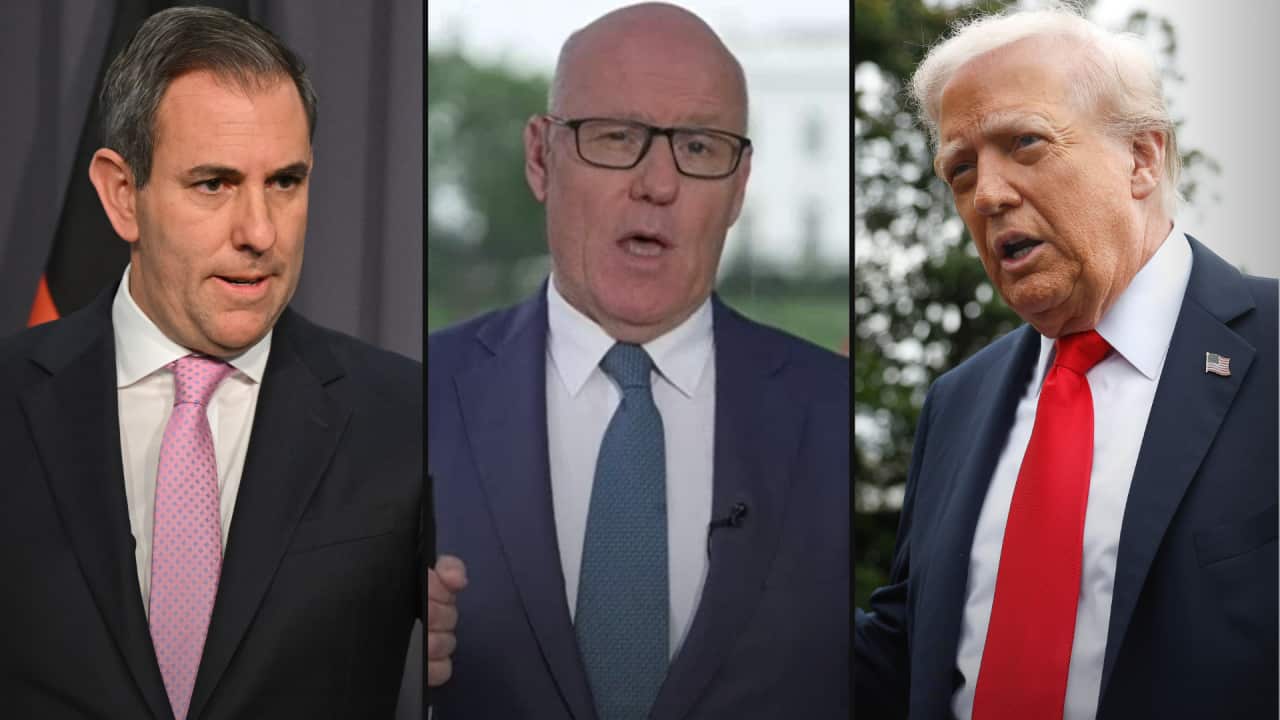 A split image showing three men, wearing formal attire, speaking.