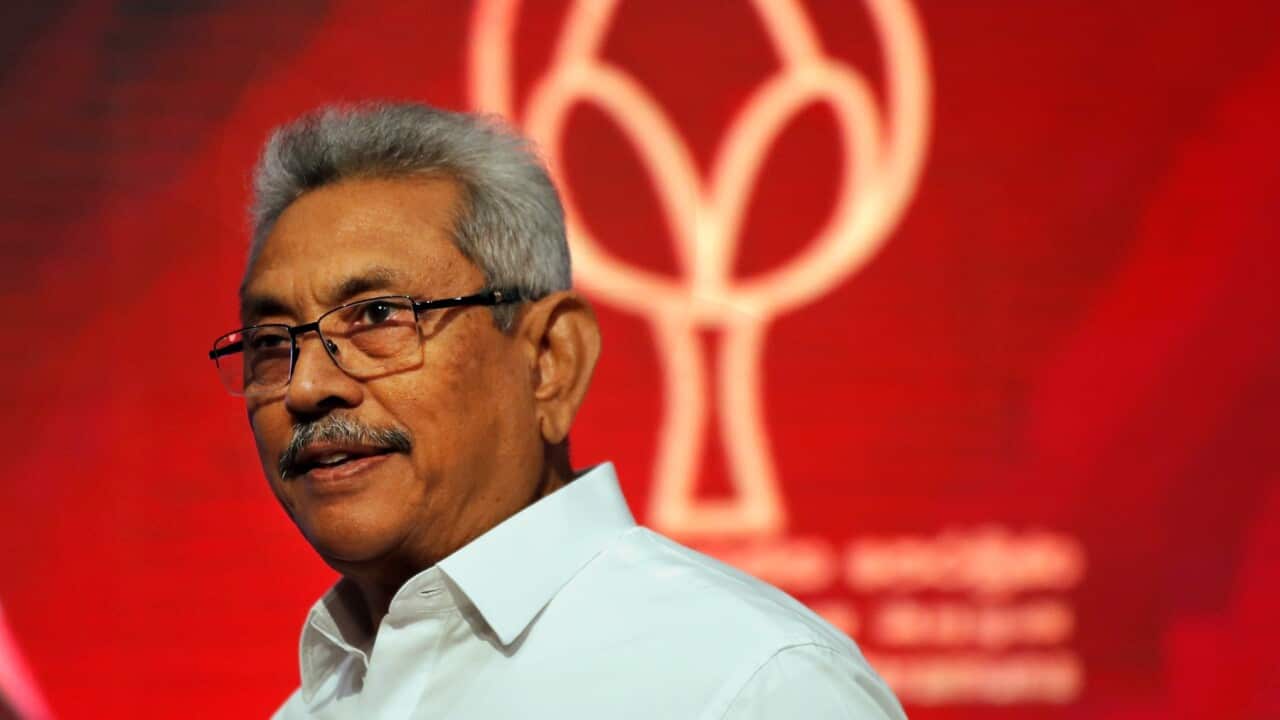 Sri Lankan presidential candidate and former defense chief Gotabaya Rajapaksa attends a news conference in Colombo, Sri Lanka, Tuesday, Oct. 15, 2019
