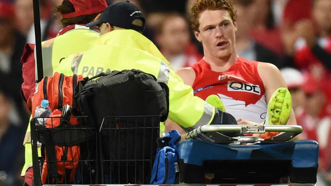 A devastated Gary Rohan of the Swans is stretchered off the field