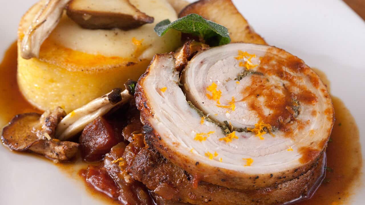 Tomato-braised veal roulade