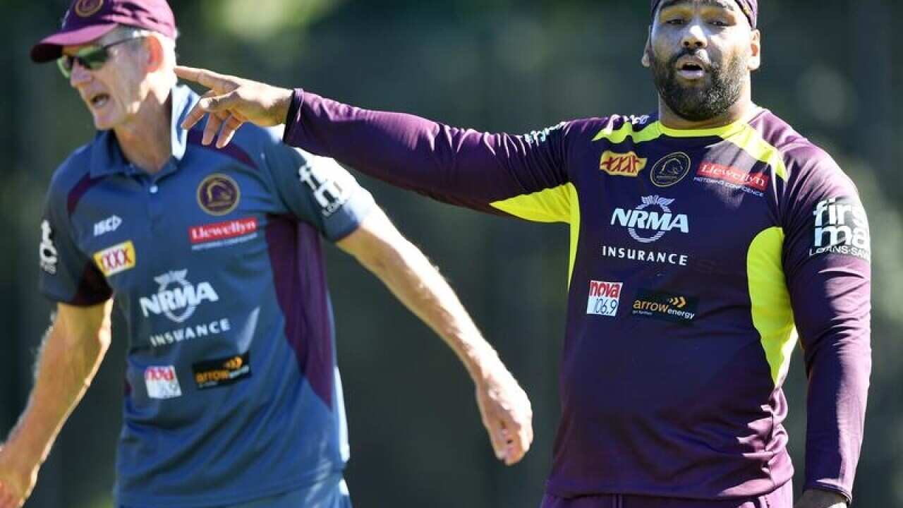 A file image of Sam Thaiday and Wayne Bennett during Broncos training.