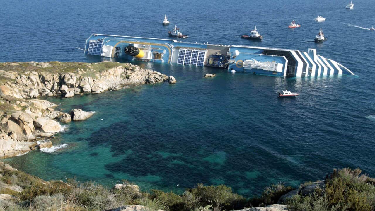 The Costa Concordia leans on its side after running aground in the Tuscan island of Giglio, Italy, in 2012.