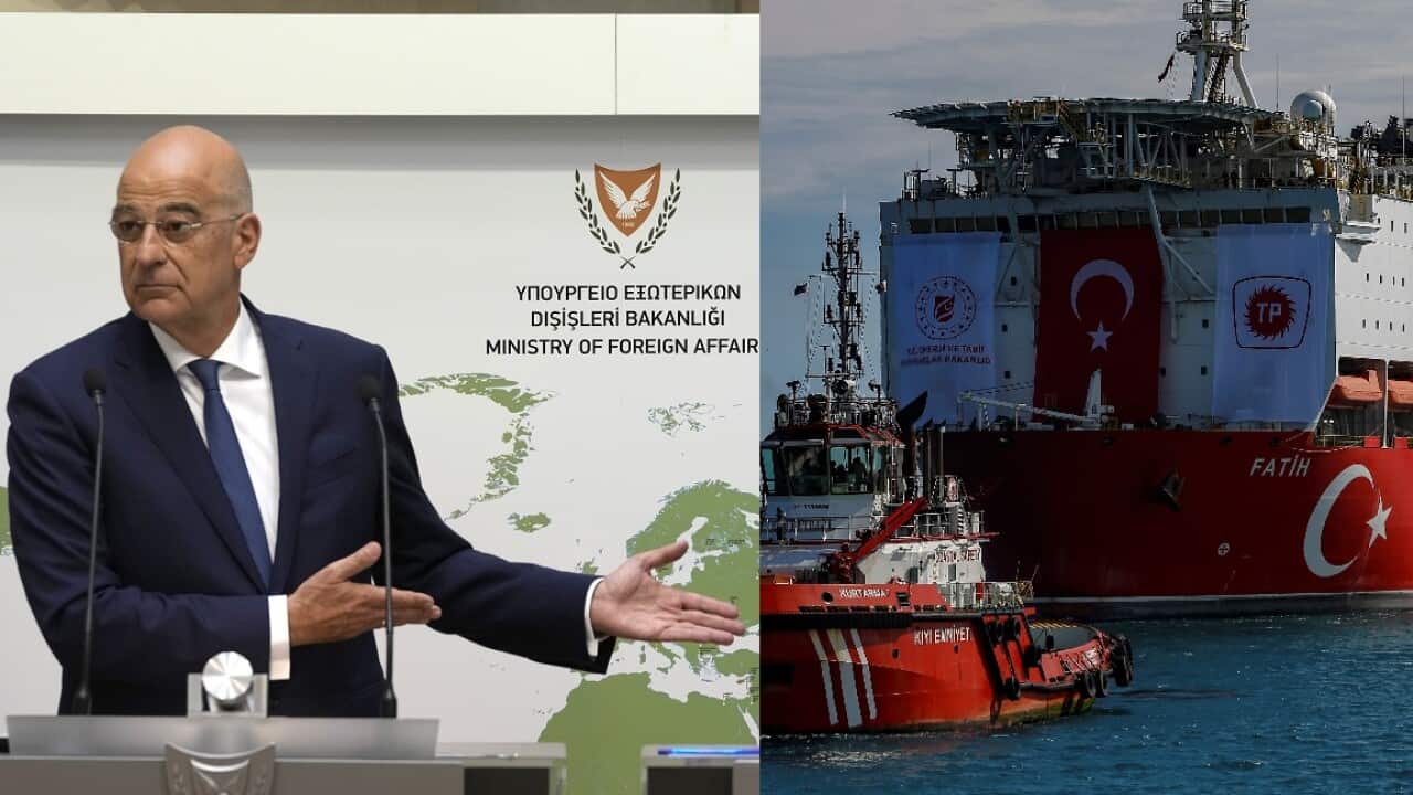 Greece's Foreign Minister Ioannis Kasoulides Nikos Dendia. One of Turkey's drilling ship, Fatih.
