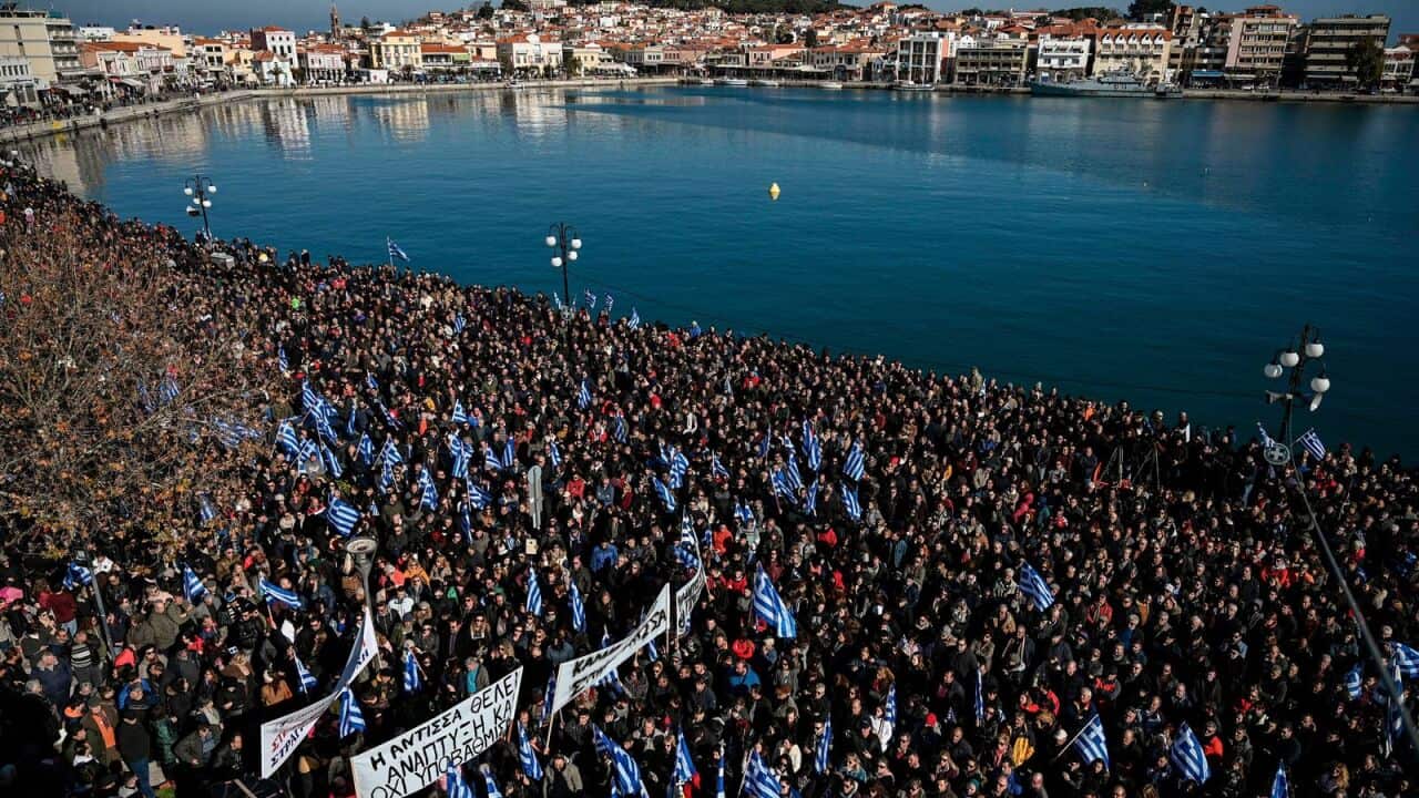 Residents of the island of Lesbos take part in a demonstration against migrant camps