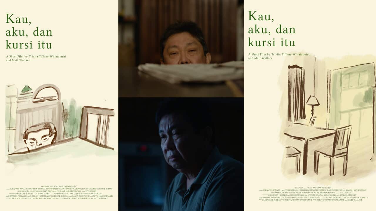 Collage of official poster of short film ‘Kau, Aku dan Kursi itu’, best film fiction 2025 ReelOzInd short film competition.  Credit photos: Shawkat Husseini.