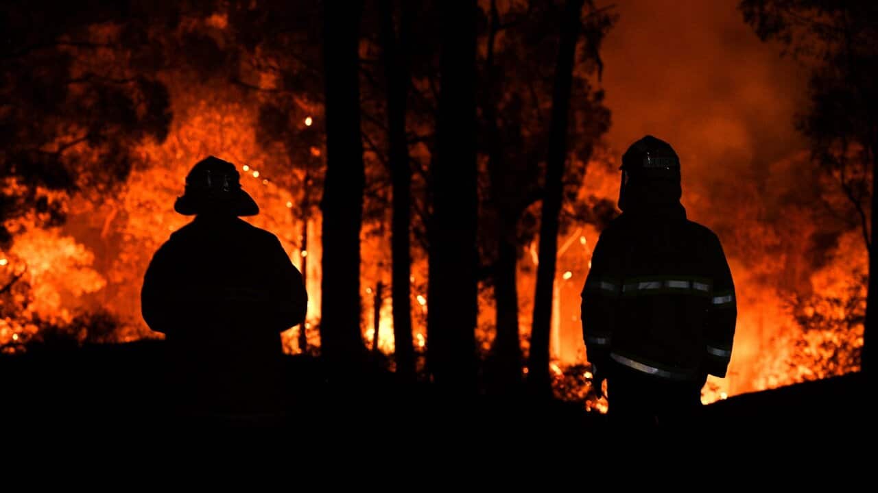 Firefighters watch on as the Gospers Mountain fire approaches