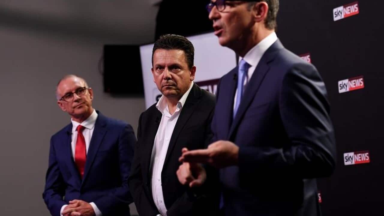 Steven Marshall (right), Nick Xenophon and Jay Weatherill (left)