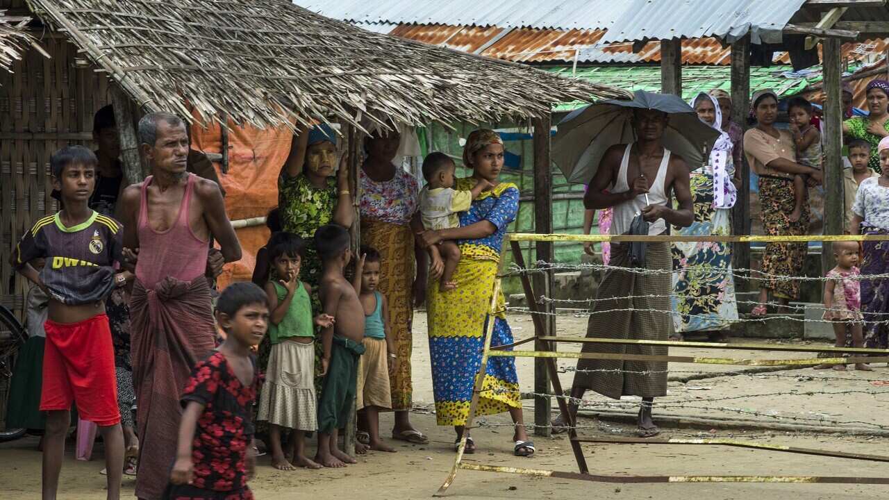 Muslim Rohingya gather at a displacement camp in Sittwe.