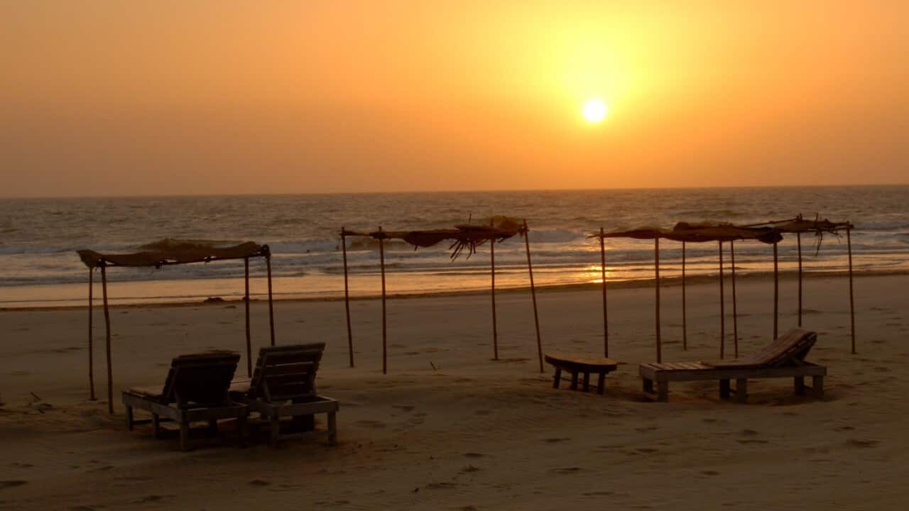 Beach chairs along a beach with the sun setting in the background