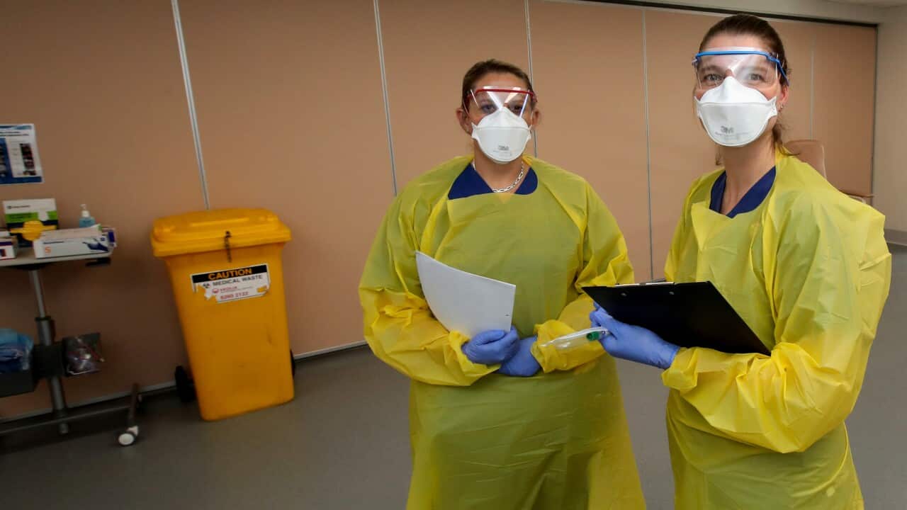Nurses Skye Haagmans and Tamzin Ingram pose for a portrait at the new Covid-19 Clinic at the Mount Barker Hospital in Adelaide.