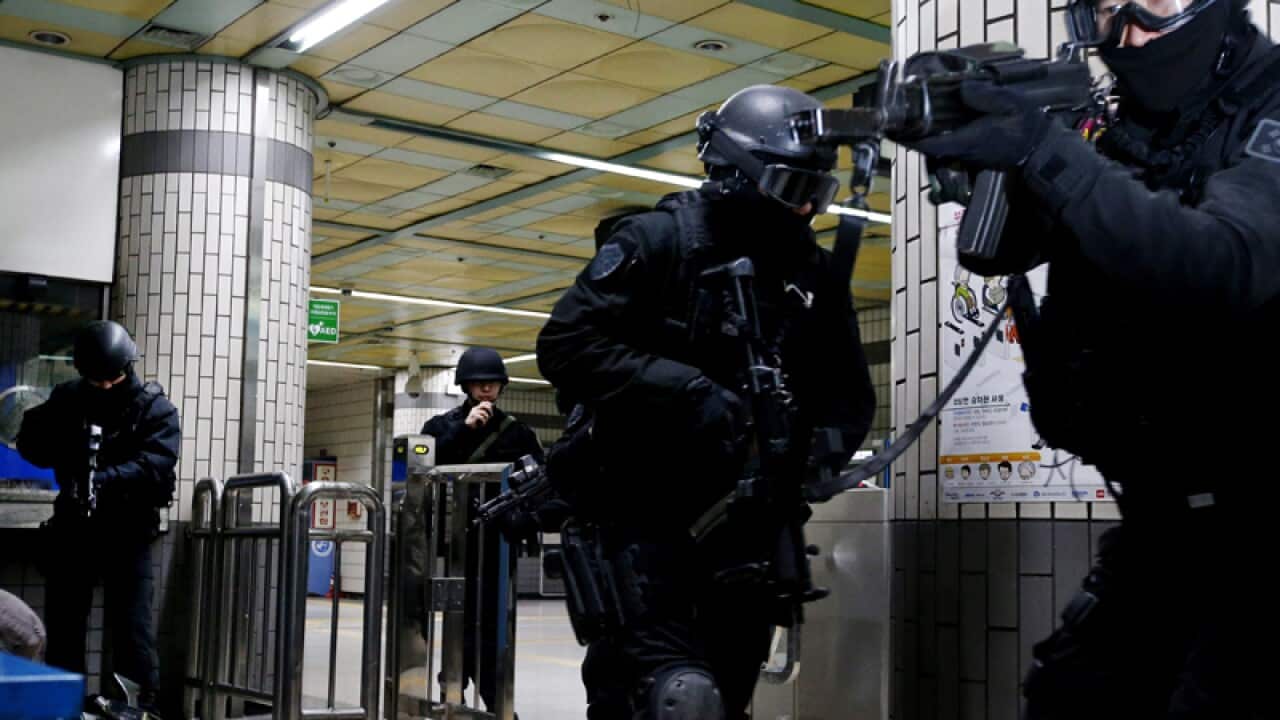 South Korean soldiers take part in an anti-terrorism drill in Seoul
