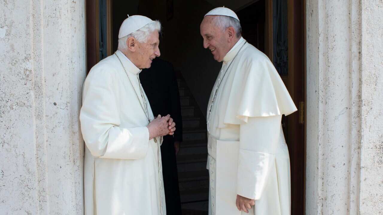 Pope Francis (R) meeting with Pope Emeritus Benedict XVI at Vatican City, 30 June 2015