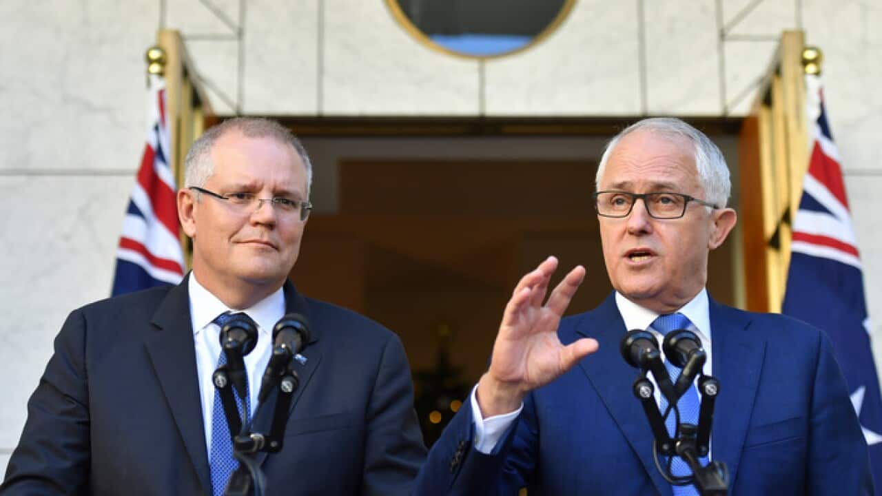 Treasurer Scott Morrison and Prime Minister Malcolm Turnbull at a press conference at Parliament House in Canberra, Thursday, November 30, 2017. (AAP Image/Mick Tsikas) NO ARCHIVING