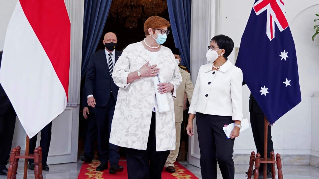 Marise Payne and Peter Dutton walk with their Indonesian counterpart Retno Marsudi (AAP)