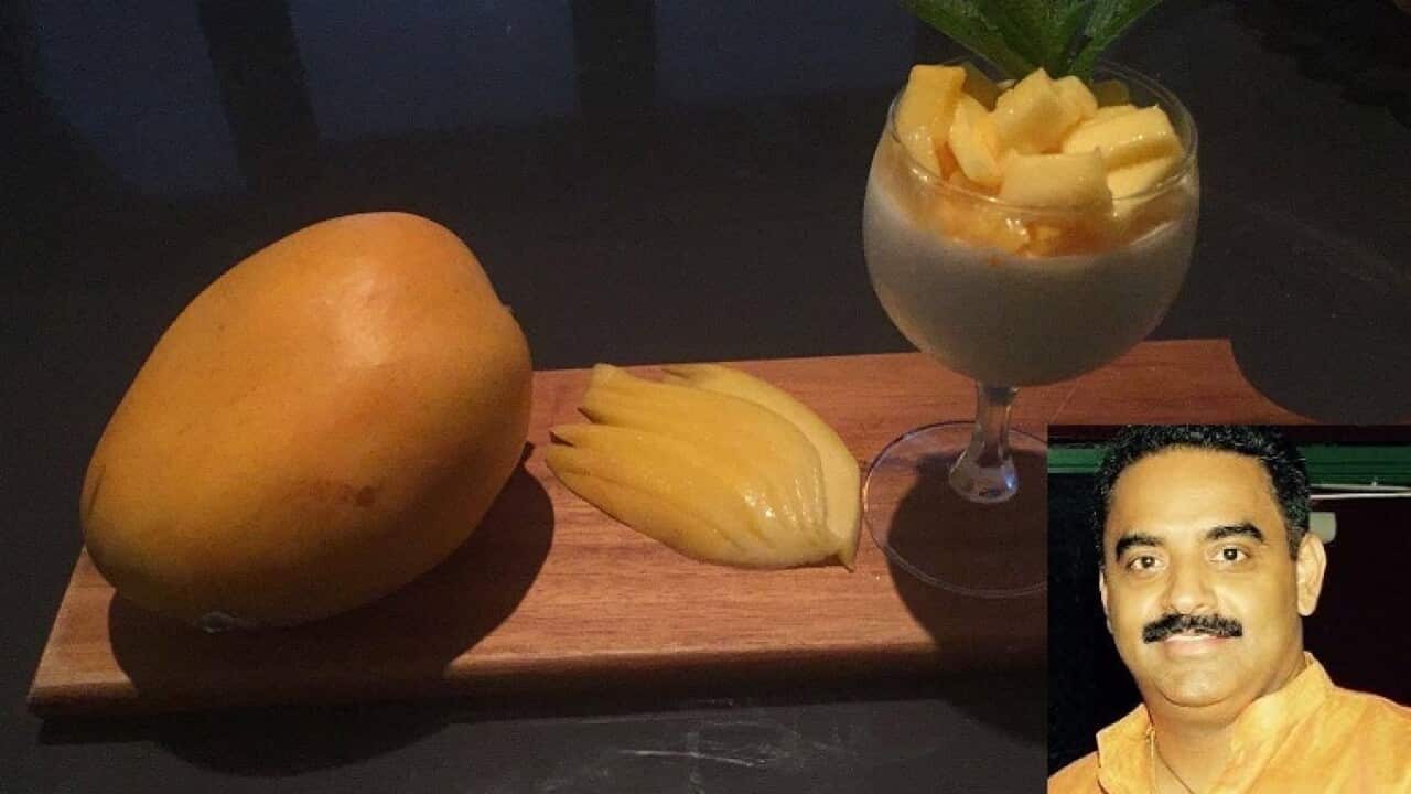 Coconut panacotta with stewed mangoes