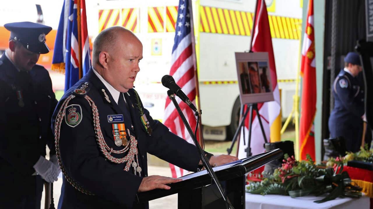 RFS Commissioner Shane Fitzsimmons at a memorial service.