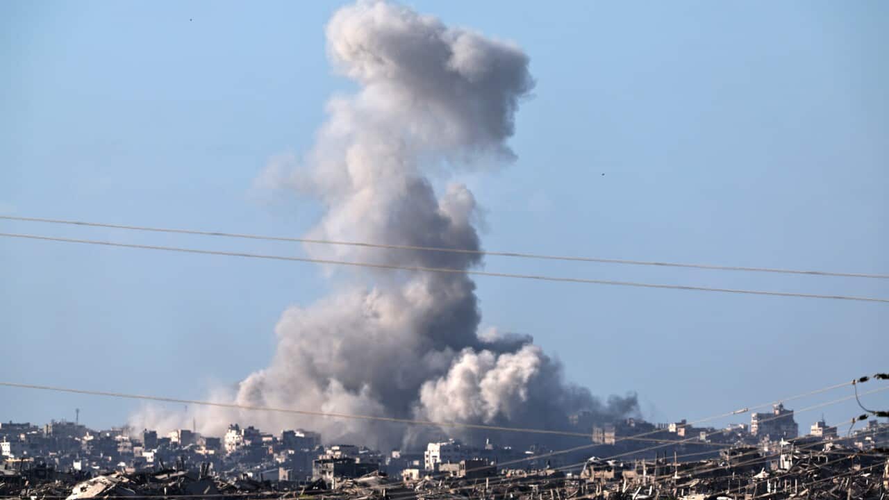 Smoke rises after an Israeli airstrike on the outskirts of Gaza City, as seen from an undisclosed location on the Israeli side of the border, 16 September 2025.