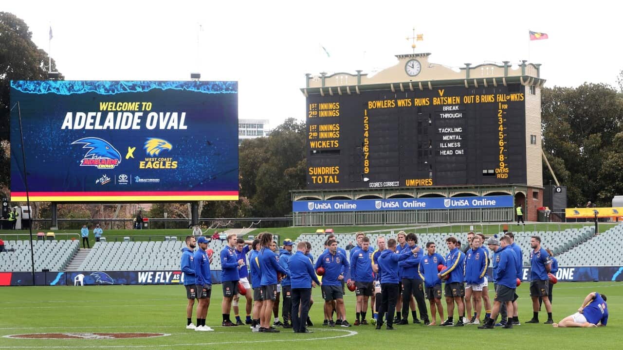 West Coast players meet on the oval before the game during the 2022 AFL Round 12 match between the Adelaide Crows and the West Coast Eagles at the Adelaide Oval on June 04, 2022 in Adelaide, Australia.