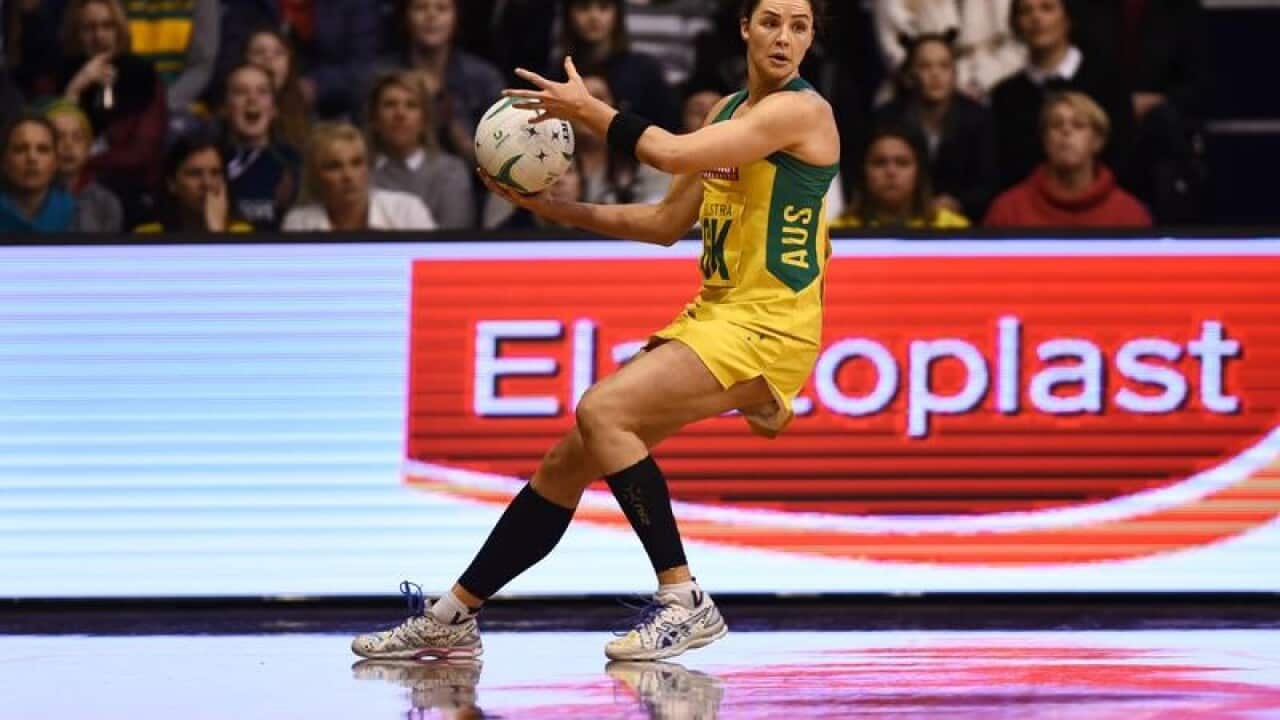 Sharni Layton of the Australian Diamonds looks to pass during game 2.