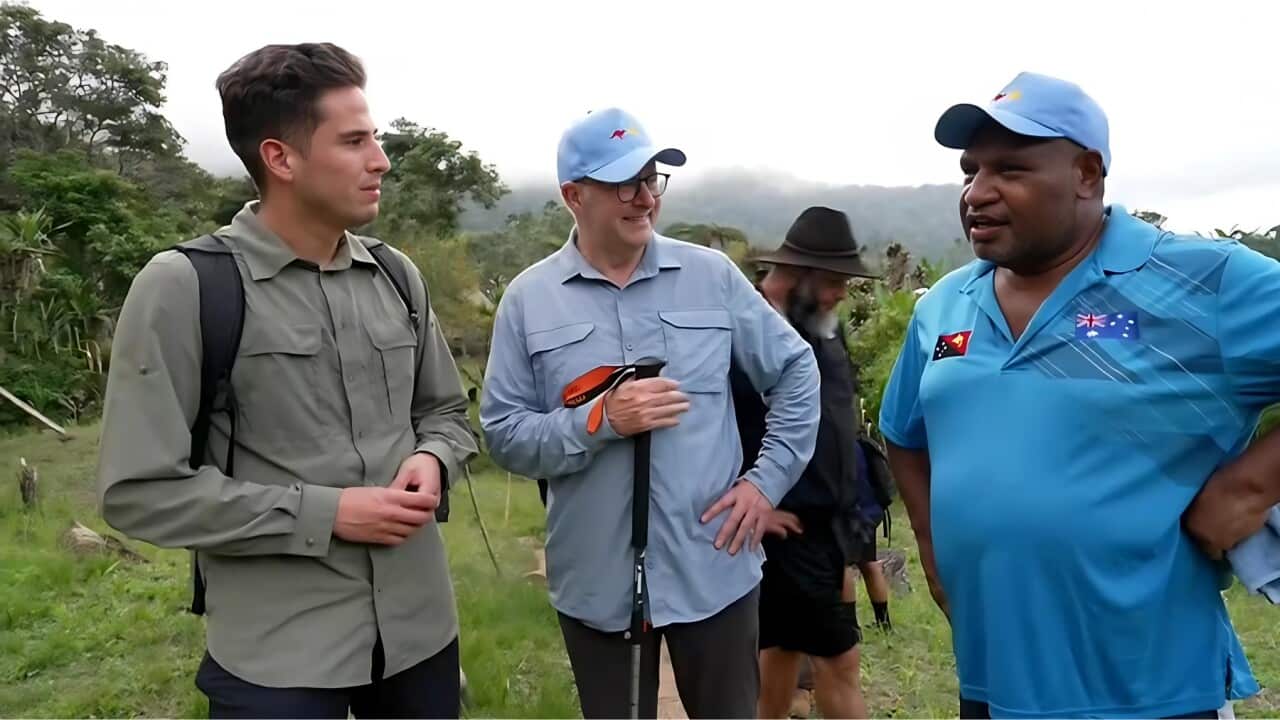 Prime Ministers Anthony Albanese and James Marape talking to SBS's Pablo Vinales (SBS).jpg