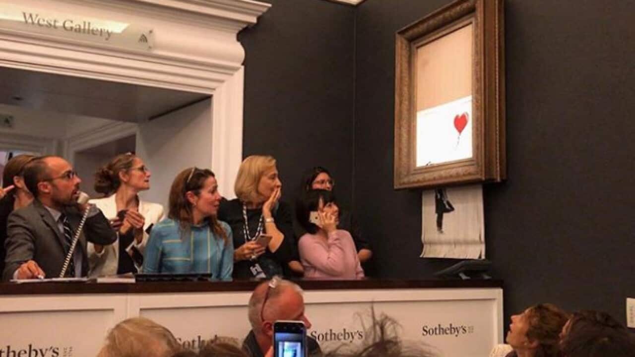 The painting gets shredded shortly after being auctioned.