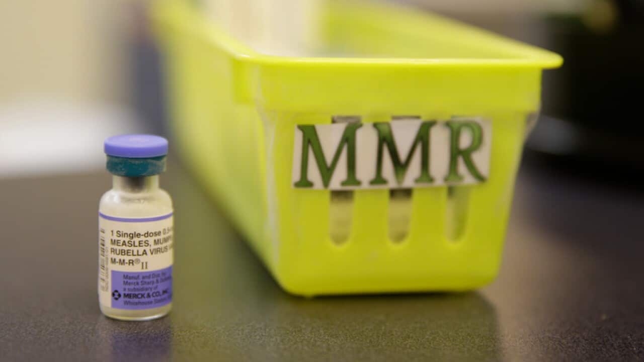 measles, mumps and rubella vaccine on a countertop at a pediatrics clinic in Greenbrae, Calif.