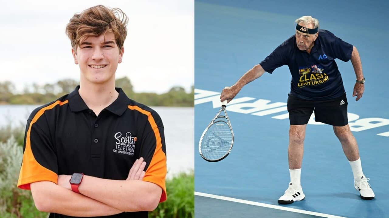A split image. On the left, a young man in a black and orange polo shirt stands with his arms folded. On the right, an older man plays tennis on a blue court.