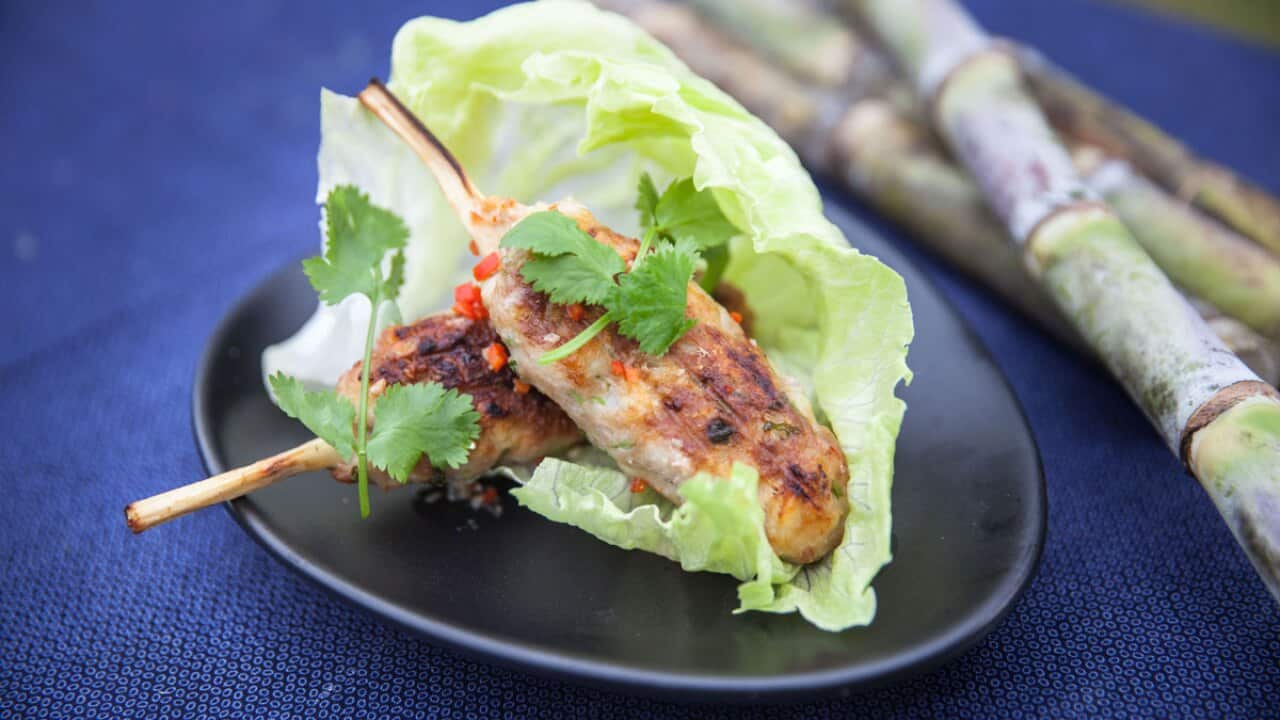 pork and prawn sugar cane skewers
