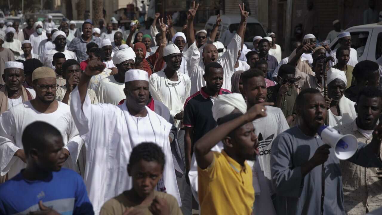People protest in Khartoum, Sudan on 29 October 2021.