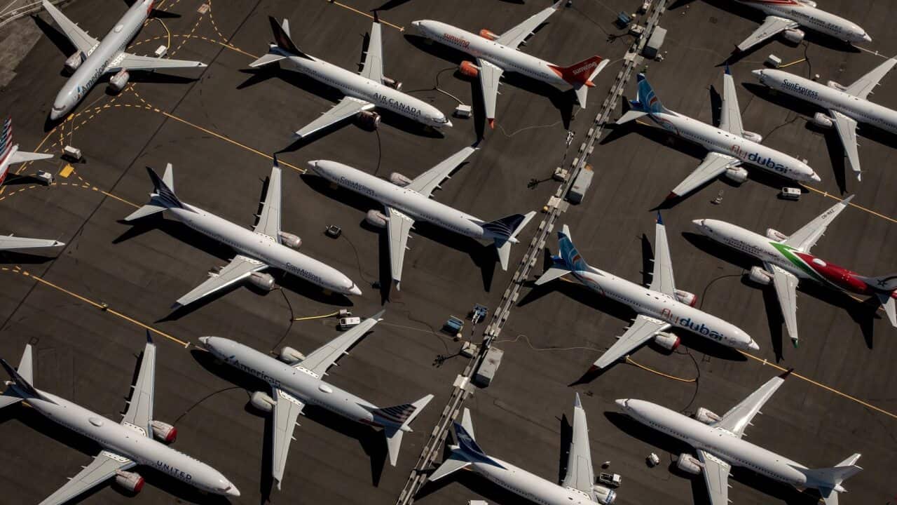 Boeing 737 Max 8 aircraft sit parked at Boeing Field in Seattle, Washington US