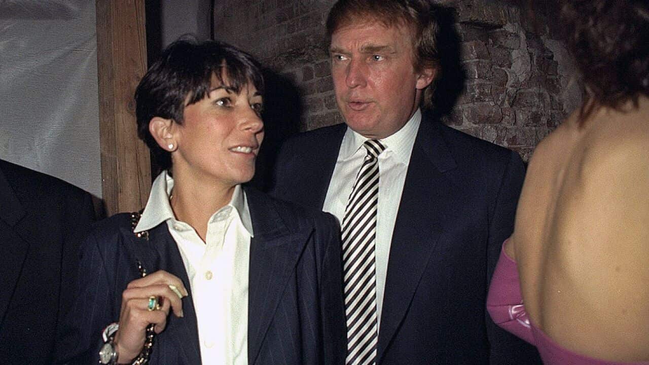 Ghislaine Maxwell and Donald Trump pictured together wearing black blazers in 1997.
