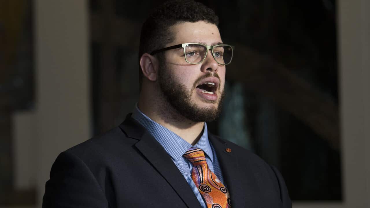 Australian Greens Senator Jordon Steele-John speaks to the media during a press conference at Parliament House in Canberra, Friday, June 1, 2018. (AAP Image/Rohan Thomson) NO ARCHIVING