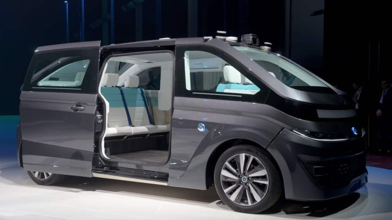 French autonomous vehicle company Navya's new autonomous vehicle the 'Autonom Cab' is presented in Saint-Denis on November 7, 2017