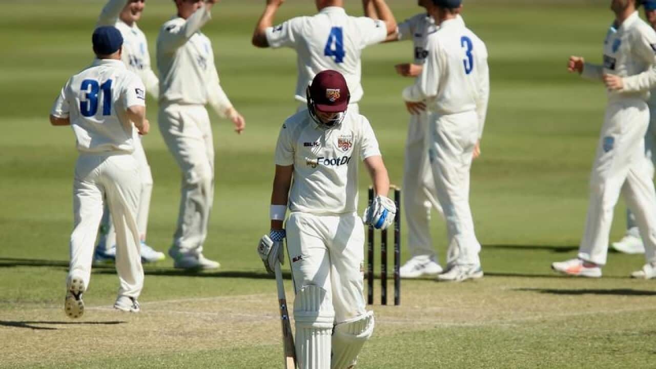 Matthew Renshaw of QLD reacts to getting out during day 2.