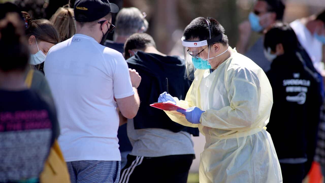 Medical staff taking details from people who are queuing at the COVID-19 Testing facility at Parafield Airport in Adelaide, 17 November, 2020.