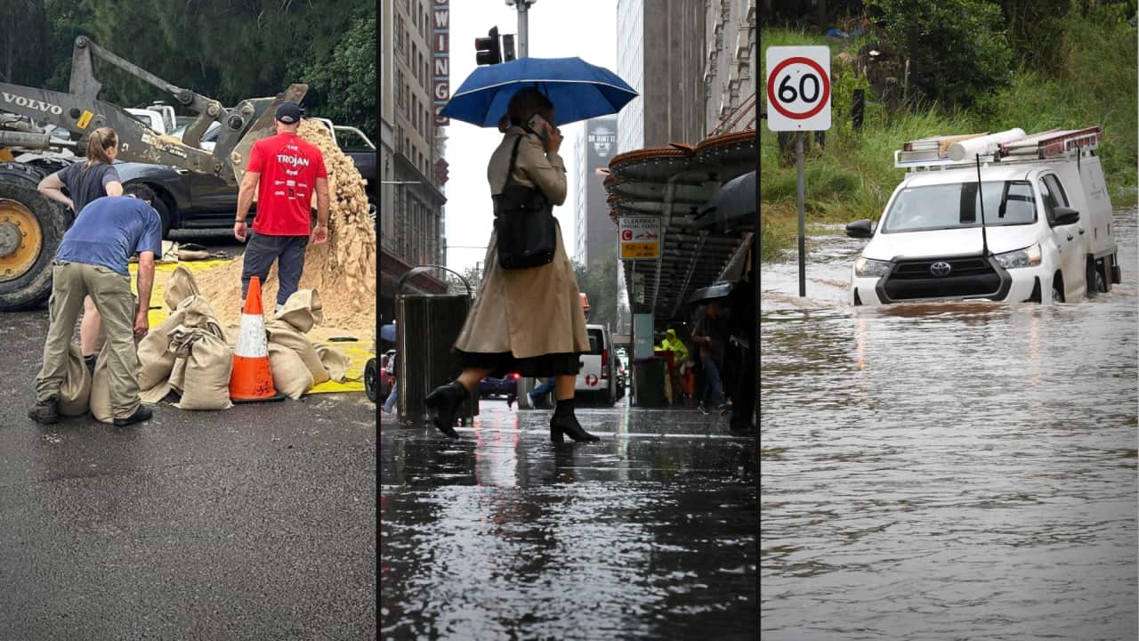 A split image. On the left is people preparing sand bags. In the middle is someone walking along a footpath in the rain. On the right is a car in floodwater.