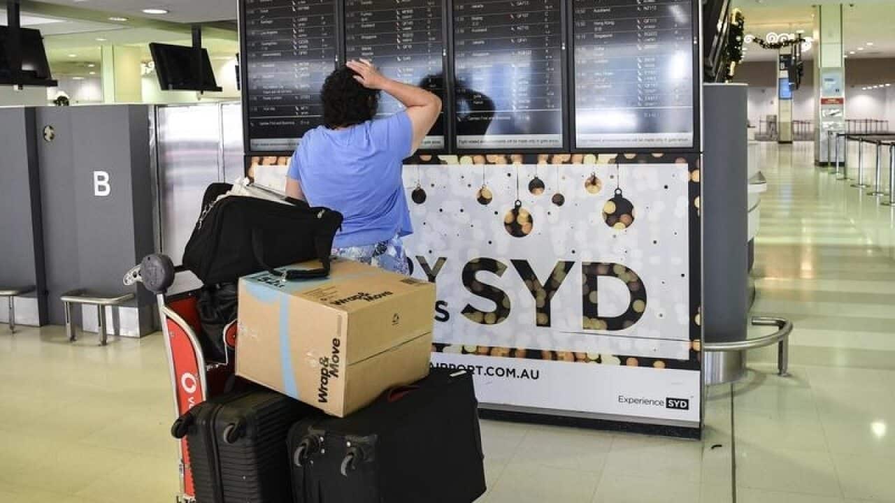 A traveller examines a check-in board at an airport