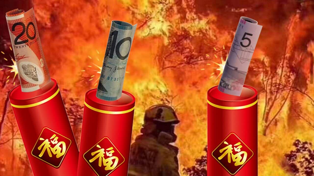 An image urging people to donated to the Rural Fire Service instead of using firecrackers produced by the Chinese Precinct Chamber of Commerce.