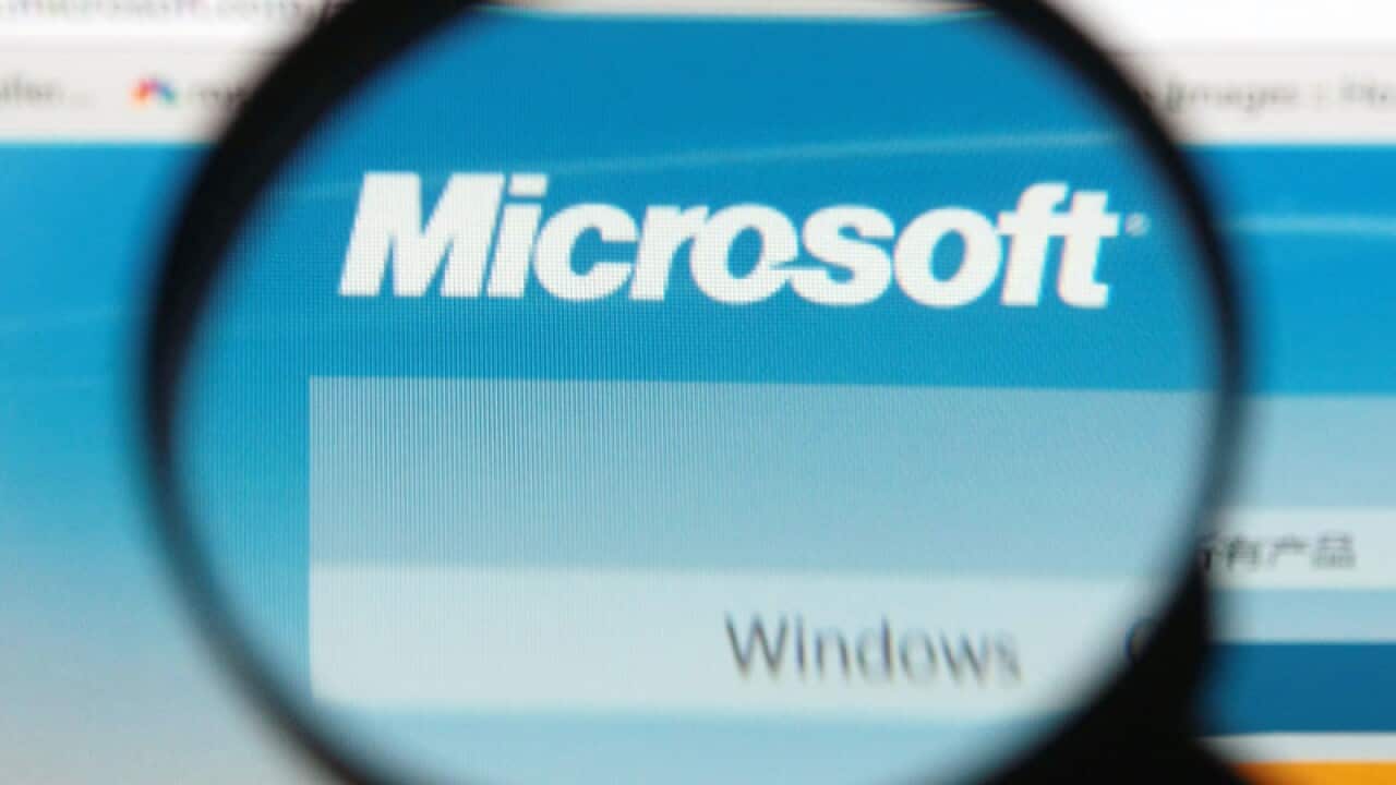 A Microsoft logo seen on a computer in Shanghai