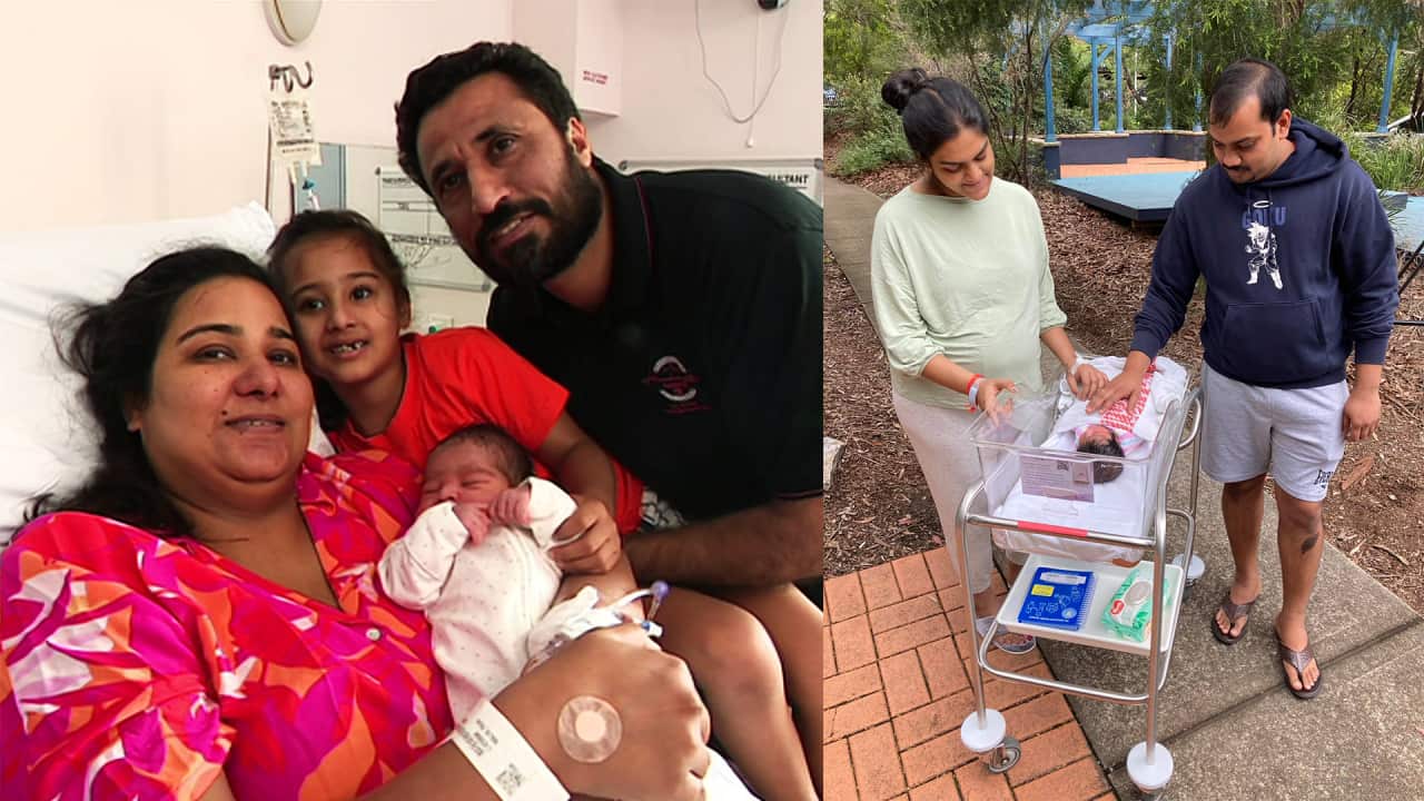 Left Richa, Sachin and Dhavli (big sister) with little Diva Malik. (Image: ABC Perth). And Right Sai Sariga and Chandrashekhar Nandigama with their new born.