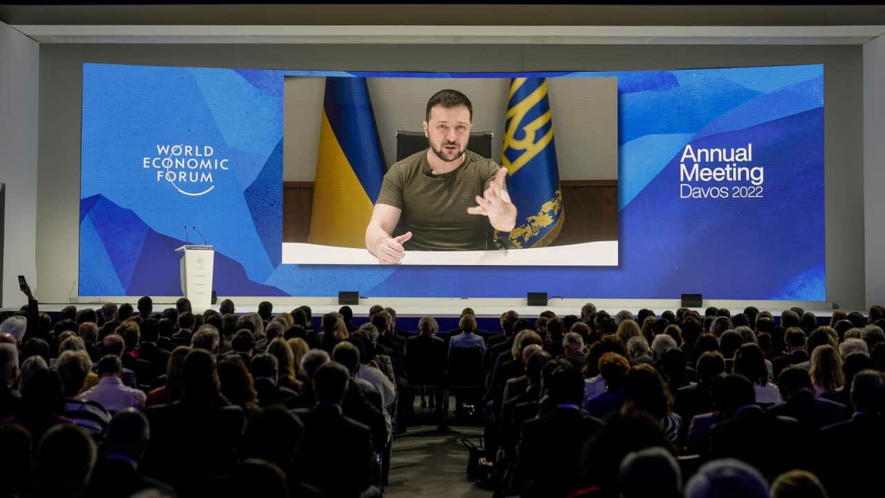 Ukrainian President Volodymyr Zelenskyy displayed on a screen at the World Economic Forum in Davos