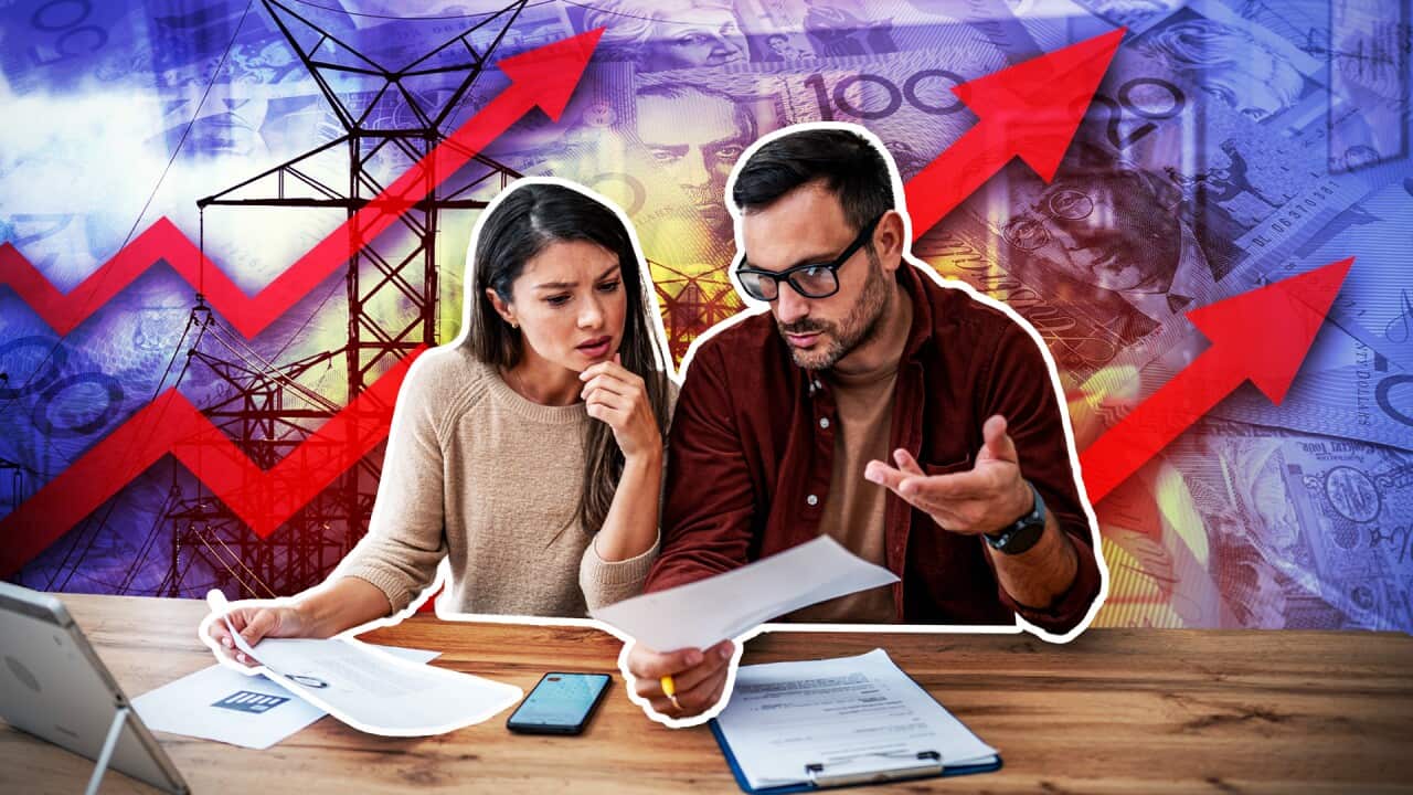 An illustration featuring a man and a woman sitting at a wooden table, examining documents, with red arrows pointing upwards, power grids and Australian currency notes in the background.
