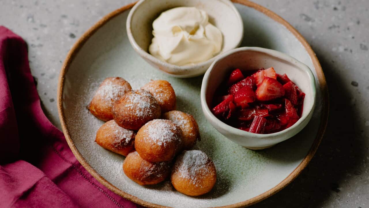 Rhubarb and strawberries with ricotta fritters