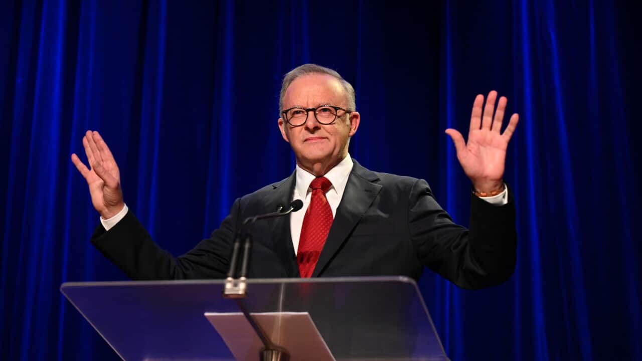 Prime Minister Anthony Albanese, wearing a suit, tie and glasses, standing at a lectern and speaking.