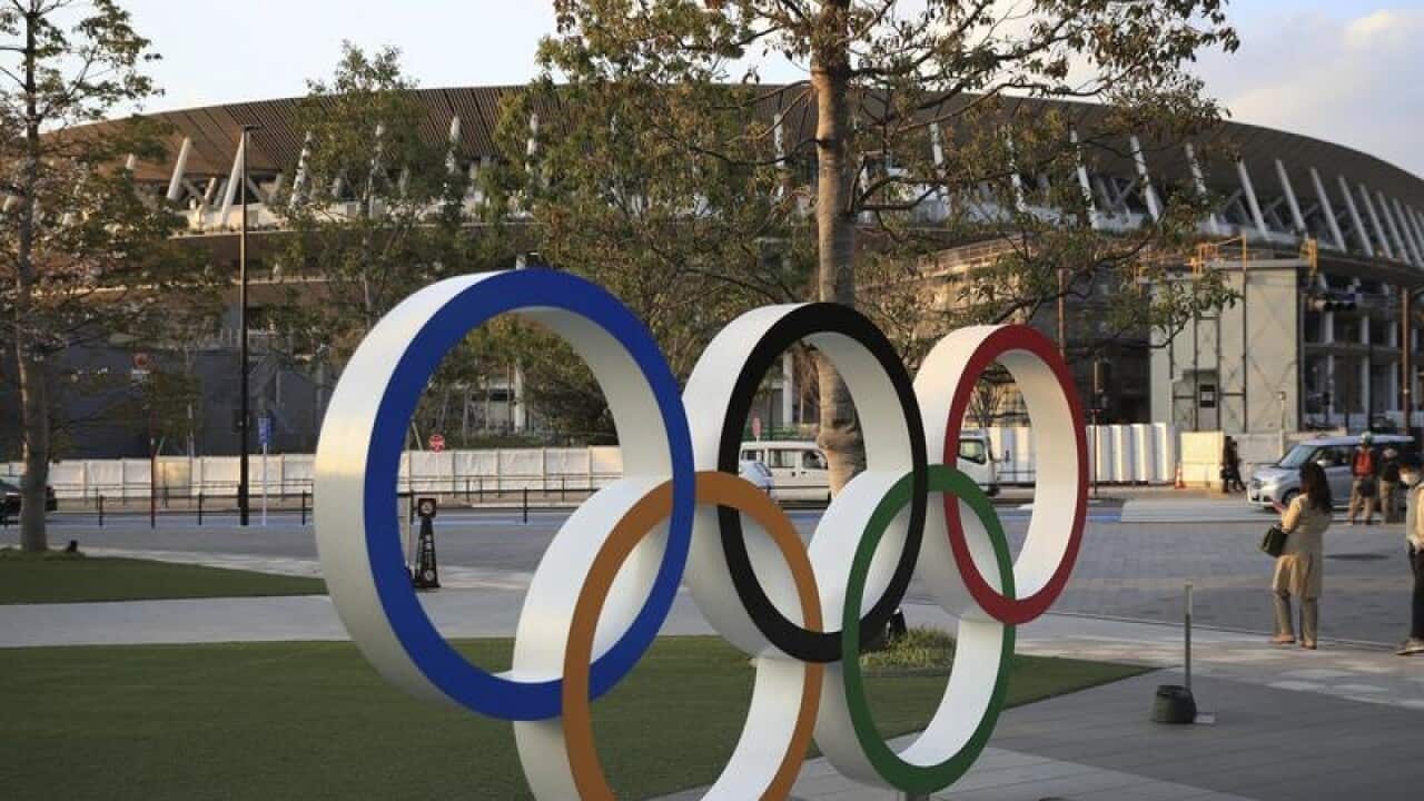 The Olympic Rings at the National Stadium Tokyo.