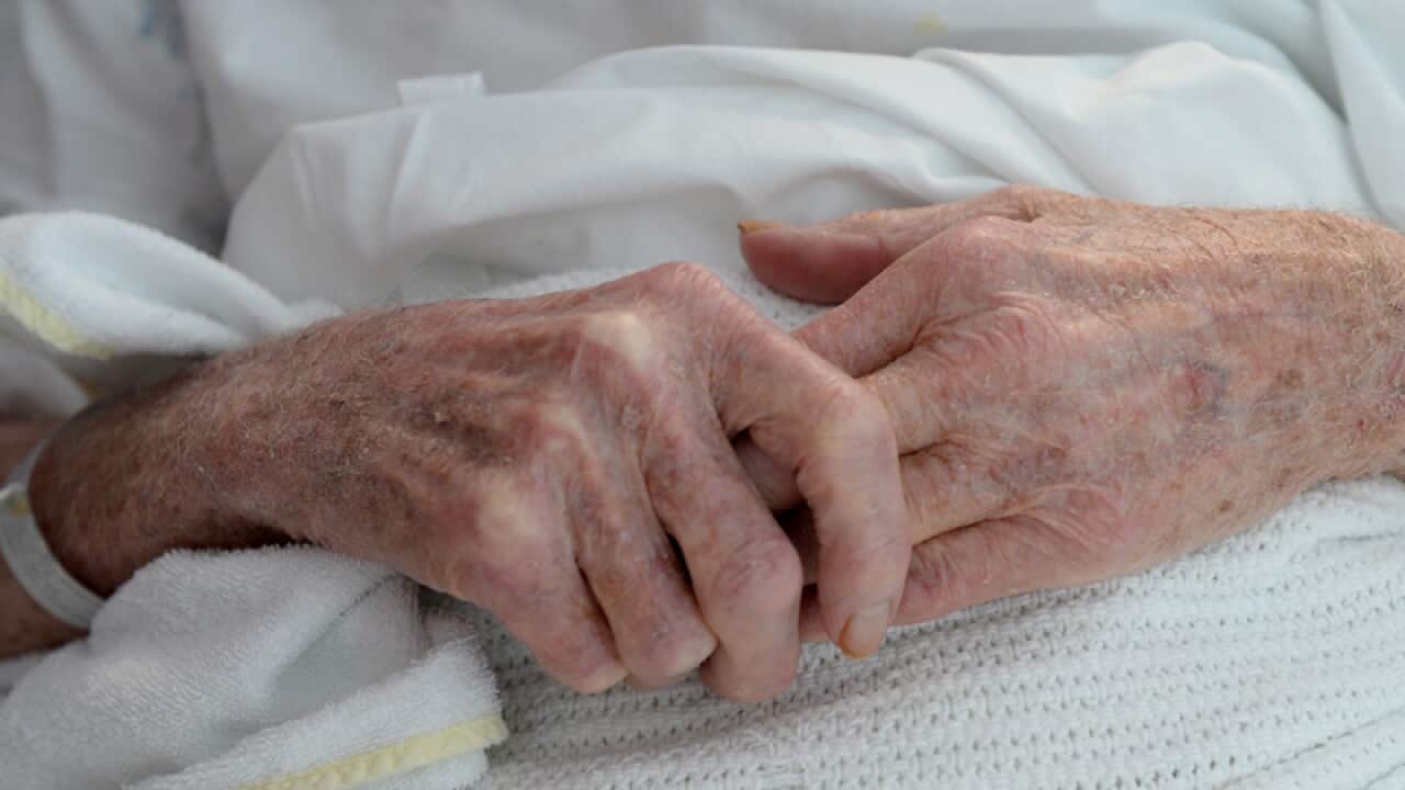 An elderly patient's hands with a hospital identification band
