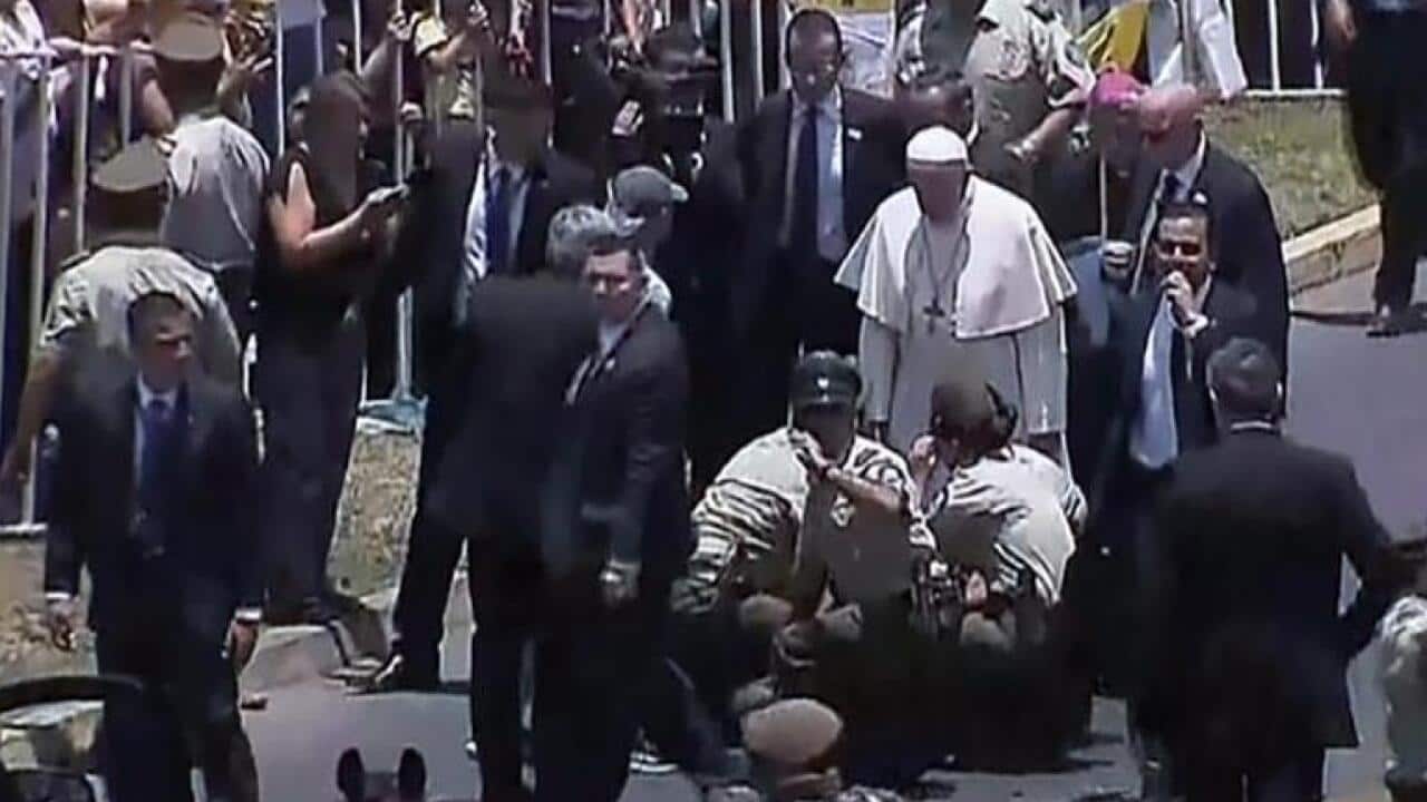 Pope Francis made his Popemobile stop to help a police woman on horseback who was overthrown in front of the vehicle.
