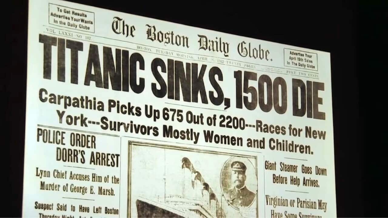 A newspaper headline at the time, on display at the exhibition. Titanic