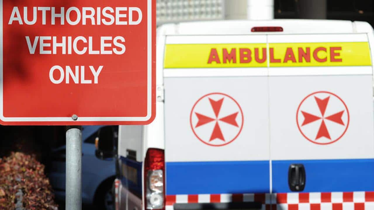 Ambulances parked in the emergency bay at St Vincent's Hospital in Darlinghurst, Sydney, Tuesday, May 22, 2012. (AAP Image/Dean Lewins) NO ARCHIVING