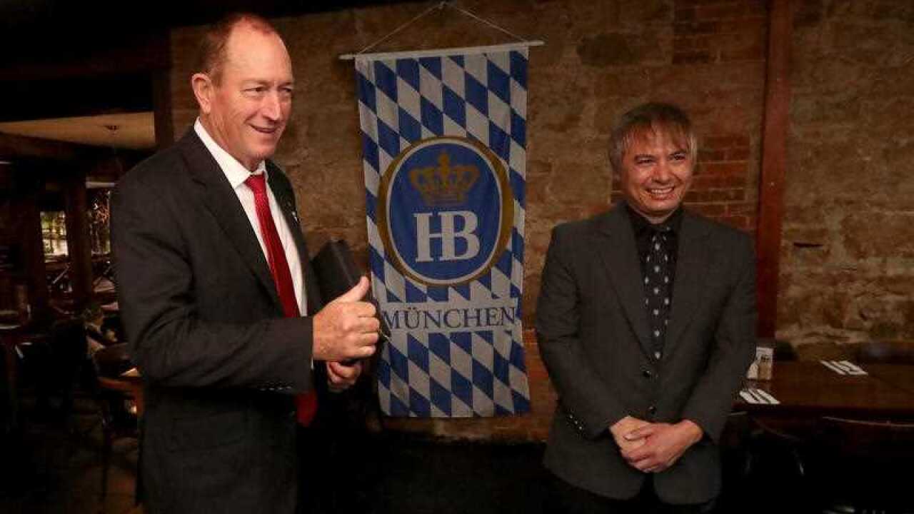 Former senator Fraser Anning (left) and with Prof Adrian Cheok in Adelaide, Friday, May 3, 2019